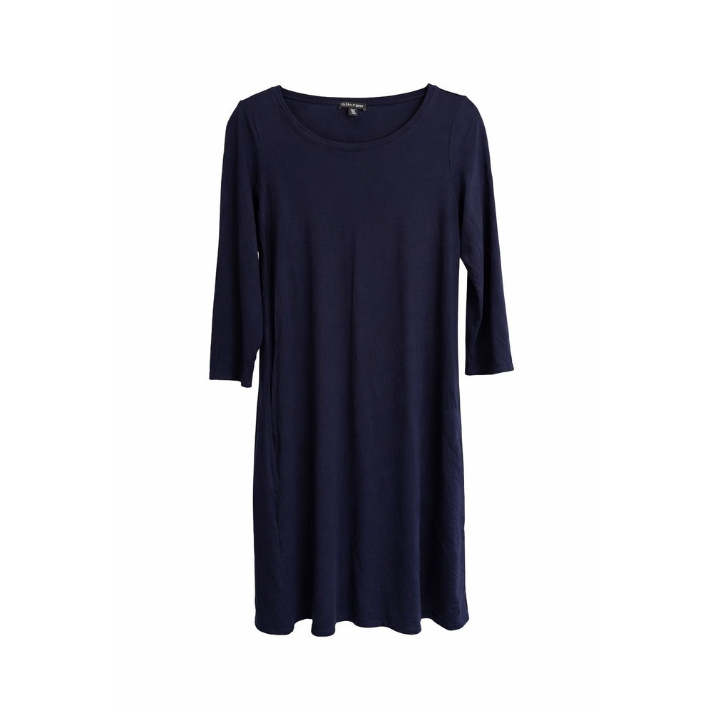 Eileen Fisher Navy A-Line Dress Medium Quiet Luxury Minimalist Pockets Travel